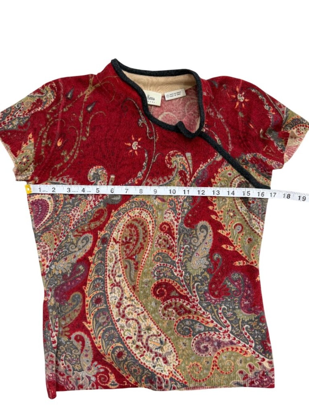 Neiman Marcus Womens Size S Cashmere Paisley Sweater Red Short Sleeve Asian - Picture 6 of 8